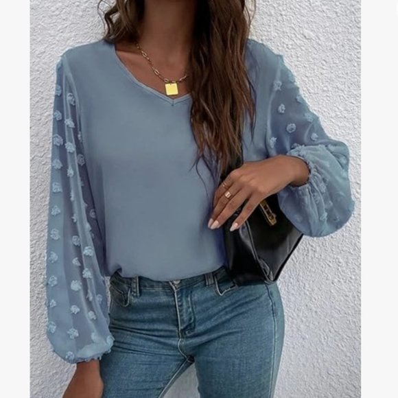 Tops - light blue chiffon dot lace puff sleeve v neck top zulily